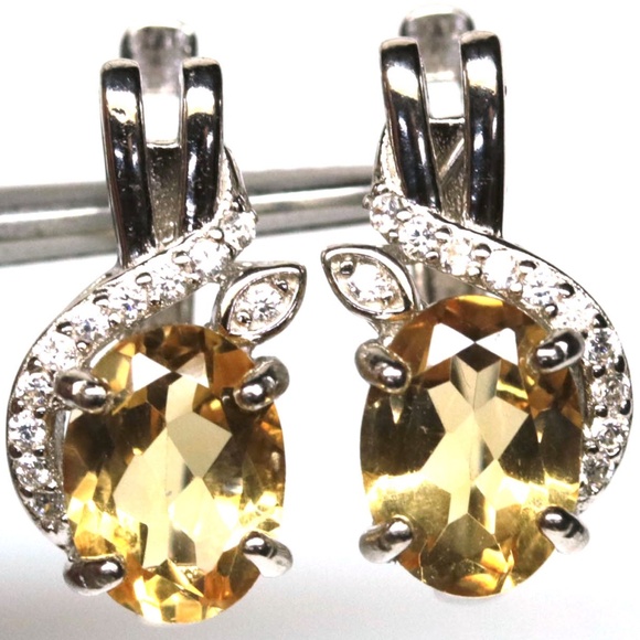 925 Sterling Silver 6 x 8 mm. Yellow Citrine & Zircon Earrings White Gold Plated - Picture 1 of 3
